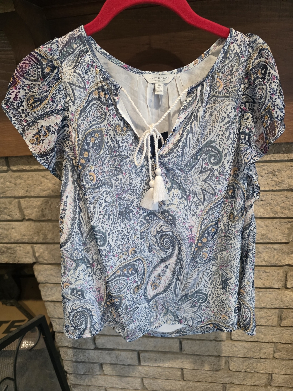 Lucky Brand Blue Paisley Tie-Neck Flutter Sleeve Blouse - Picture 2 of 5